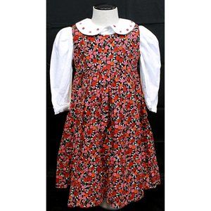 Strasburg Girl Sz 4 Red Floral Corduroy Dress Peter Pan Collar White Under Shirt